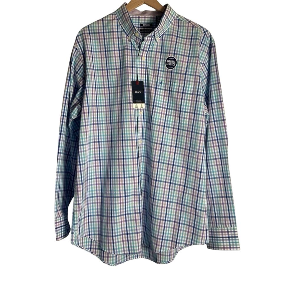 Izod Purple Blue Check Plaid Long Sleeve Collared Button Down Shirt NEW
